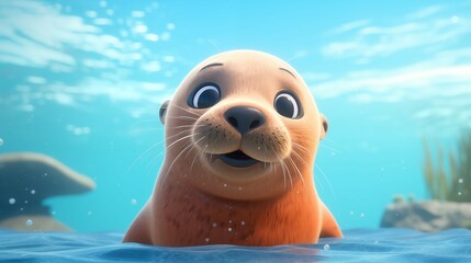 Charming Cartoon Sea Lion Character in Bright Rendering for Kid's Illustrations, Captivating Underwater Carnivore.