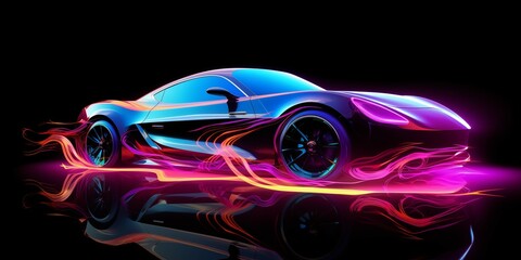 Side View of Neon Glowing Sport Car Silhouette in Abstract Motion
