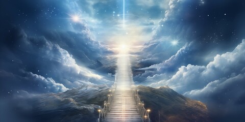 The Stairway to Heaven Conceptual Illustration - An Artistic Idea of the Ascent Towards the Celestial Realm - obrazy, fototapety, plakaty