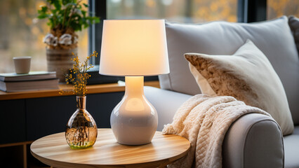 Vase with dried flowers and lamp on table in cozy living room,Generative AI