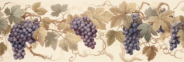 Elegant Vintage Illustration of Vines and Grapes - A Perfect Wallpaper for Aesthetic Appeal - obrazy, fototapety, plakaty