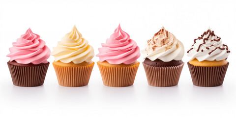 Cupcake muffin with icing frosting on transparent background cutout. PNG file. Many assorted different flavour. Mockup template for artwork design