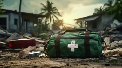 Green first aid bag in the middle of debris in a destroyed city, natural disaster. Generative AI