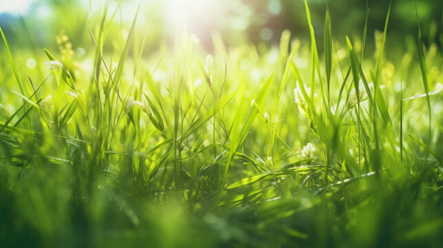 Fototapeta Gros plan, zoom sur de l'herbe fraîche et bien verte. Nature, jardin, gazon. Pour conception et création graphique.