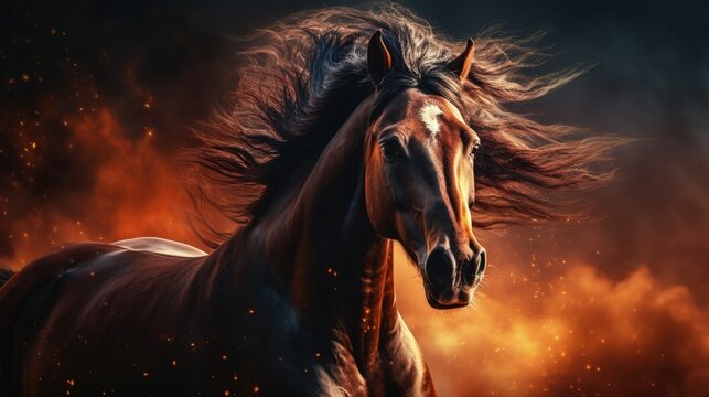 Illustration of a beautiful horse with flowing mane. Generative AI