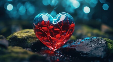 Conceptual illustration of red heart, background with blue tint. Generative AI