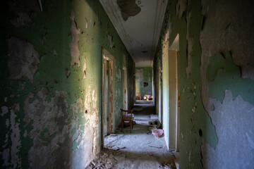 abandoned interior, corridor in a creepy place, abandoned sanatorium