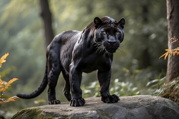 Naklejka na ściany i meble A wild black puma standing on a stone in the forest