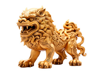 Chinese Traditional lion statue made of gold on isolated transparent background - obrazy, fototapety, plakaty