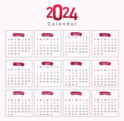

Calendar for 2024, isolated on a white background, Calendar 2024, Week starts on Sunday office calendar 2024, Calendar, template design. English vector calendar layout.2024 in a classic minimalist 