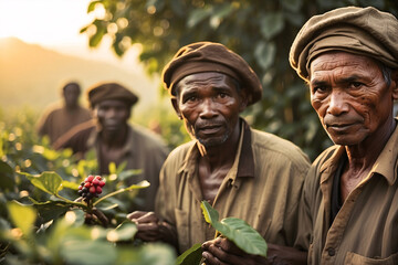 local african old man and workers picking coffee beans in the field - Powered by Adobe