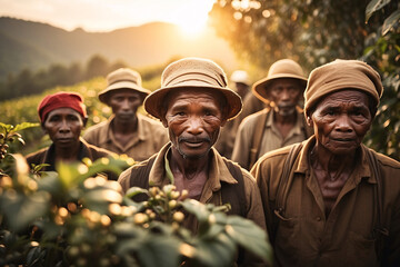 local african old man and workers picking coffee beans in the field