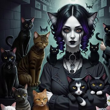 Black Cat Woman. Generative AI. Animation of morphing goth woman. with cats