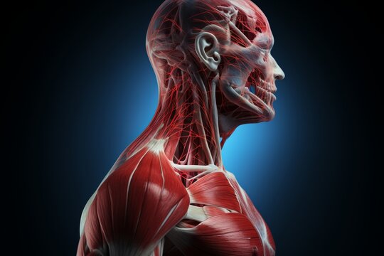 3D rendering medical illustration of male anatomy - shoulder joint, muscle and tendon structure. shoulder pain. simple blue background.