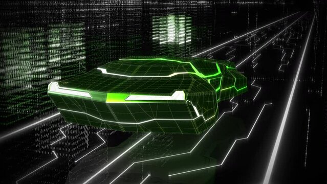 Futuristic vehicle is driving through the digital cyberspace. Green Vehicle is crossing the town inside Digital cyberspace. Vehicle is roaming inside Digital cyberspace filled with white data shapes.