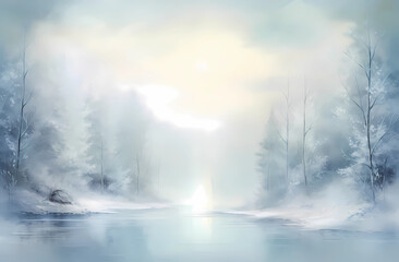 Winter snow scene by a light beam