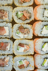 Close-up of a lot of sushi rolls with different fillings lie on a wooden surface. Macro shot of cooked classic Japanese food with a copy space.