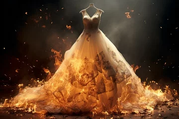 Fotobehang Burning wedding dress in the flames of the fire. Background with selective focus and copy space © top images