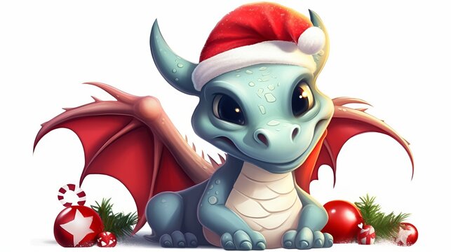 Cute cartoon green dragon in santa hat. 2024 new year, chinese calendar. Gifts, Christmas tree toy, candycane, a cup with an inscription, a New Year stocking for gifts. Festive greeting card. Surprise