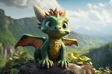 Mythical green baby dragon sits on top of a mountain, symbol of 2024 to the Chinese calendar