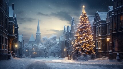 Snowy evening in a charming village with a brightly lit Christmas tree and cozy street lights