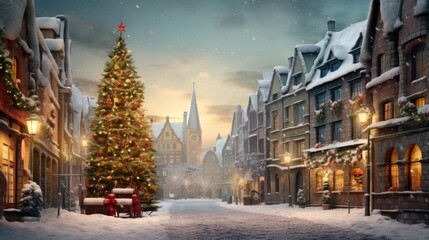 Fototapeta na wymiar Snowy evening in a charming village with a brightly lit Christmas tree and cozy street lights
