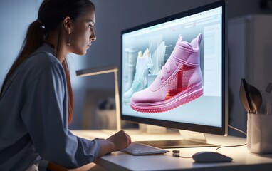 Female designer creating a shoe model while working on a computer - obrazy, fototapety, plakaty