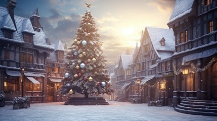Obraz premium Majestic Christmas tree adorned with lights and snow in a quaint town at dusk