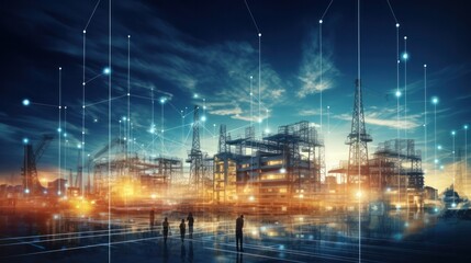 Obraz premium Modern factory, communication network. Telecommunication. IoT, Internet of Things, ICT, Information communication Technology,. Smart factory. Digital transformation, cloud connecting, generate by AI