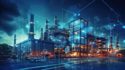 Fototapeta premium Modern factory, communication network. Telecommunication. IoT, Internet of Things, ICT, Information communication Technology,. Smart factory. Digital transformation, cloud connecting, generate by AI
