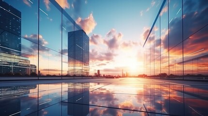 Modern office building or business center. High-rise window buildings made of glass reflect the clouds and the sunset. empty street outside  wall modernity civilization. growing up business