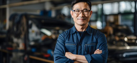 Fototapeta premium mechanic at the garage amechanic standing confidently with his arms crossed looking at the camera