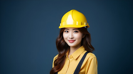 Engineer woman wearing yellow safety helmet Confident engineer looking at camera isolated on blue background