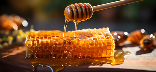 Honey flows from the stick onto the honeycomb. concept of honey for cooking - obrazy, fototapety, plakaty