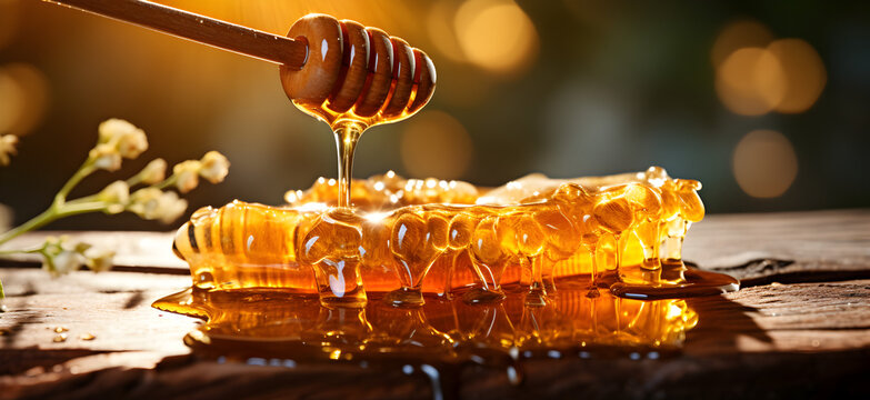 Honey flows from the stick onto the honeycomb. concept of honey for cooking
