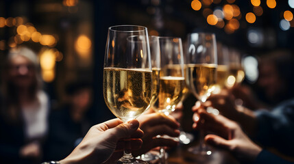 Clinking glasses of champagne at New Year party - obrazy, fototapety, plakaty