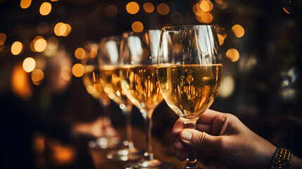 Clinking glasses of champagne at New Year party - obrazy, fototapety, plakaty