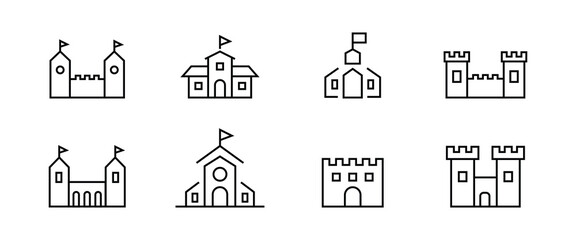 medieval castles icon set Fortress tower, castle tower line icons set, editable stroke isolated on white, linear vector outline illustration, symbol logo design style - obrazy, fototapety, plakaty