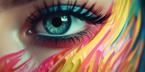 An eye with chromatic aberration close-up, in the style of a make-up tutorial - obrazy, fototapety, plakaty