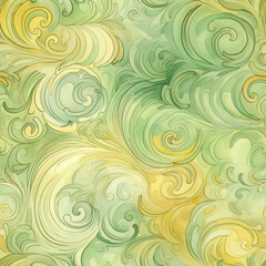 Fototapeta na wymiar Watercolor seamless background, brocade swirls, muted colors, greens and golds