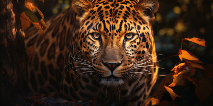 Leopard, powerful motley big cat looks straight through the eyes of a predator