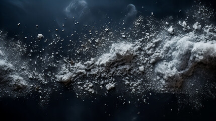 Flour spilling on black wooden background. Top view. Copy space. Generative AI technology.