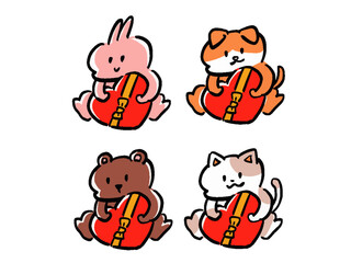 ハート型プレゼントボックスを持つ動物たちのデフォルメイラストセット