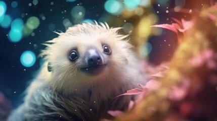 A baby sloth in the rain with a blurry background, AI - obrazy, fototapety, plakaty