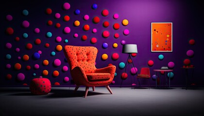 Room with colorful dots and cozy armchair, designer photo backdrop or digital overlay