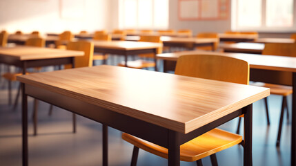 empty classroom tables, education concept