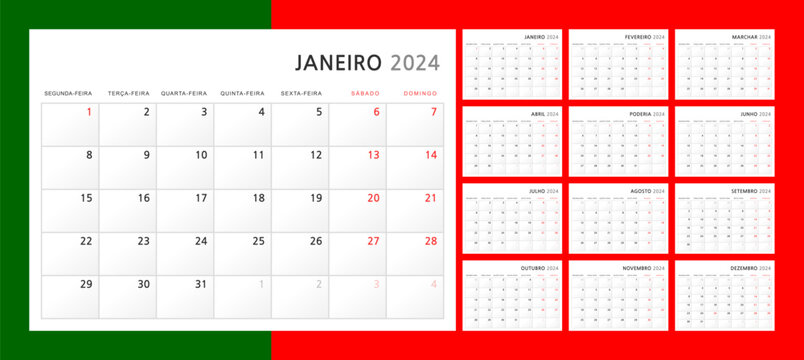 Calendar 2024 in Portuguese. Wall quarterly calendar for 2024 in a classic minimalist style. Week starts on Monday. Set of 12 months. Corporate Planner Template. A4 format horizontal. Vector graphics