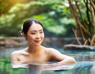 Fototapeta premium 温泉に浸かっている女性