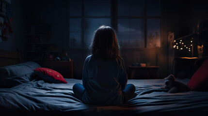 暗い寝室のベッドに座り込む孤独な少女の後ろ姿