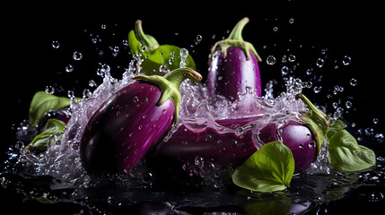 Eggplant commercial photography, with water splash photography effect, vegetable commercial photography